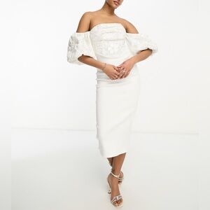 NWT ASOS Bardot Elegant White Off-Shoulder Puff Sleeve Sequins Dress size 2